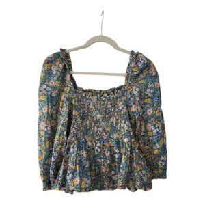 Birds of Paradise Trovata Floral Smock Blouse Medium 100% Cotton Puff Sleeve Top